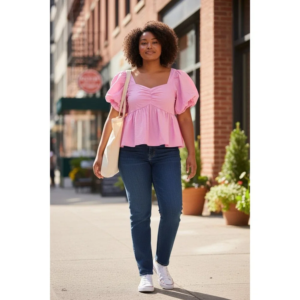 Old Navy Cotton Pink Puff Sleeve Babydoll Top‎ L Cottagecore Coquette Feminine